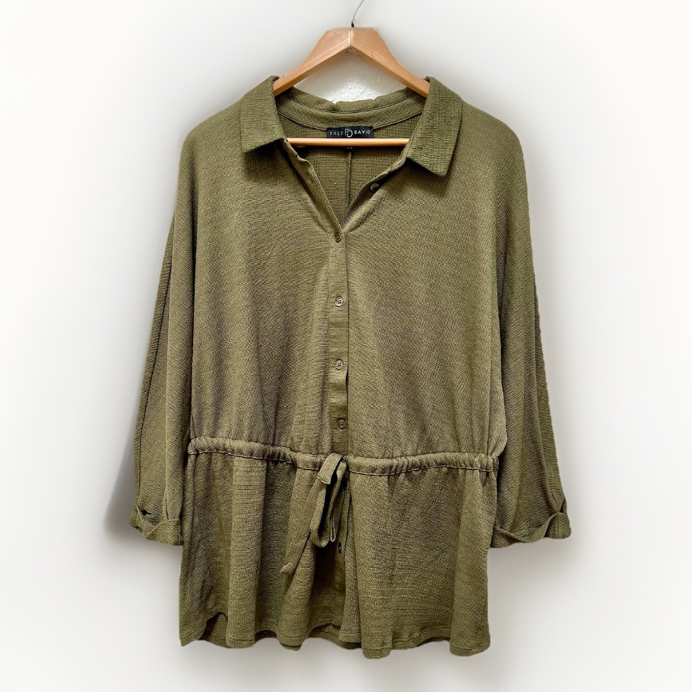 Fred David Olive Green Tunic Top Blouse Shirt Drawstring Waist 1X